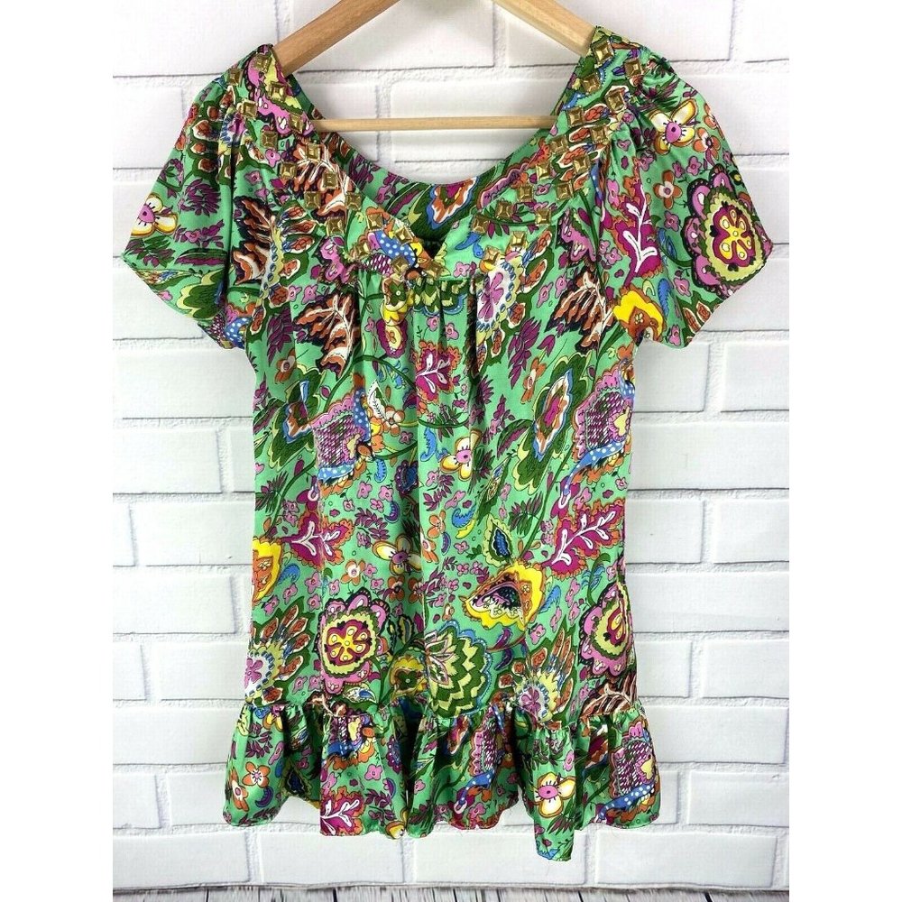Nolita Green Colorful Blouse Women's Large Ruffle